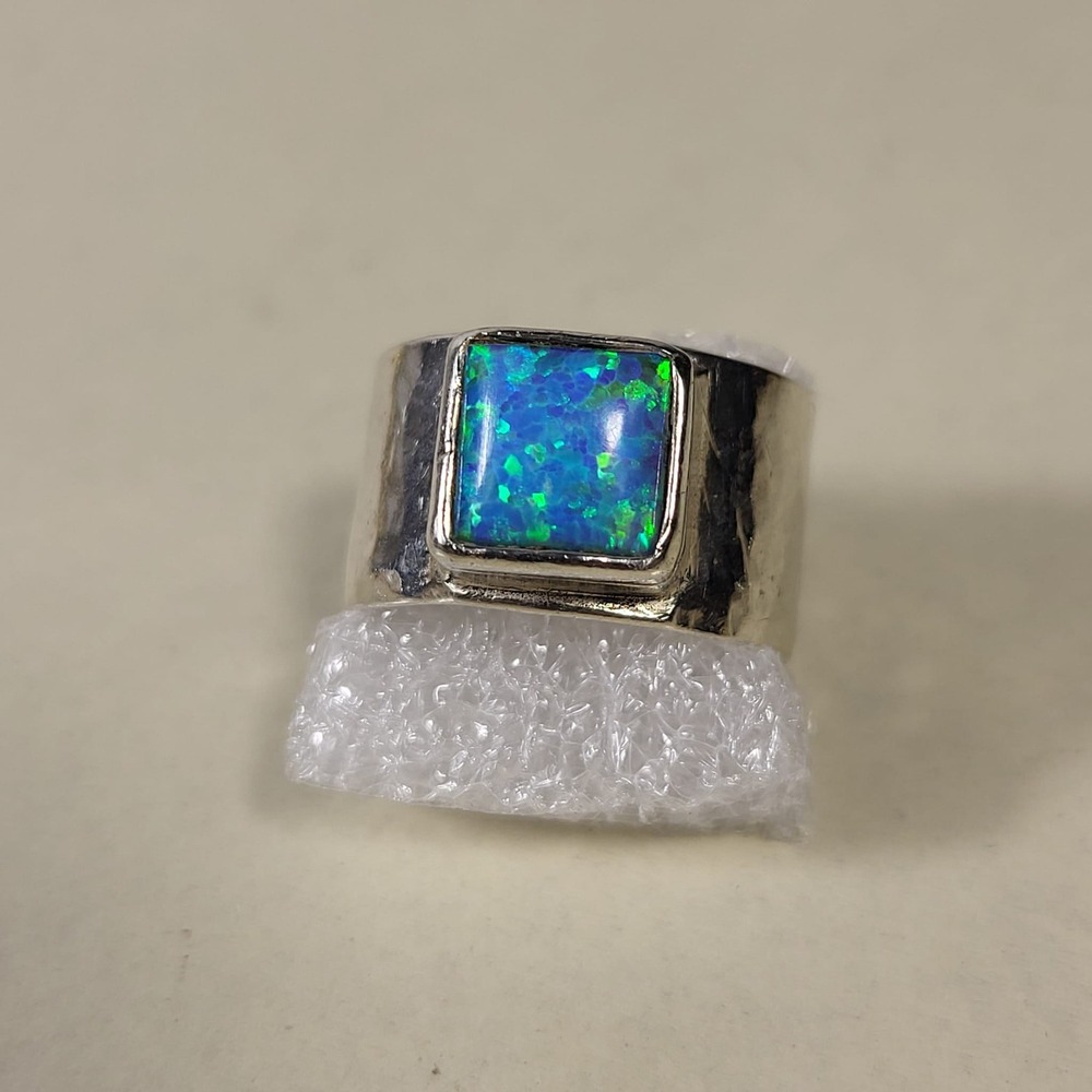 925 Sterling Silver Fire Opal Square Statement Ring Size 7.25 Native Vintage